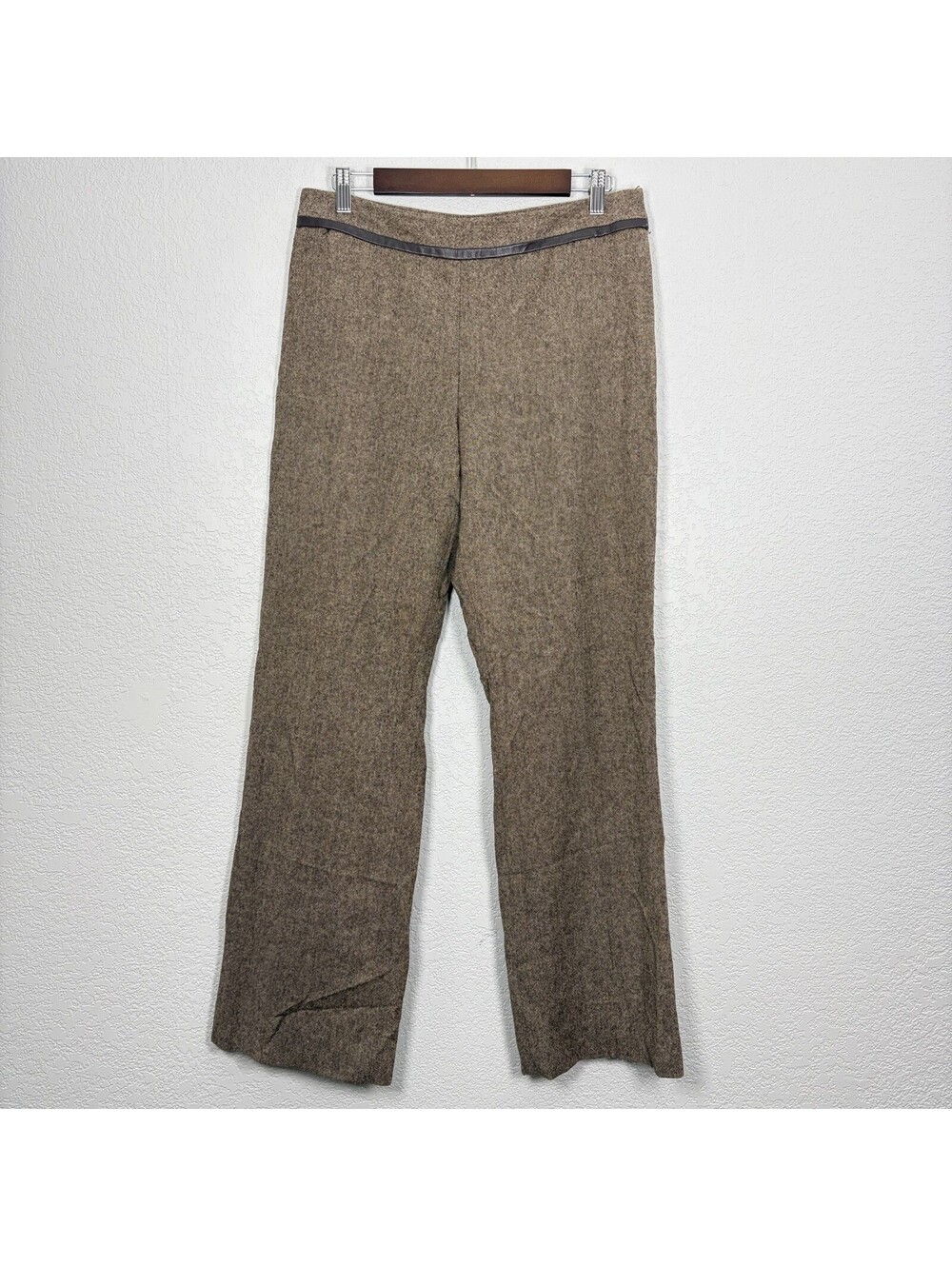 Pendleton Womens 10 Brown 100% Virgin Wool Straight Leg Pants Leather Trim USA